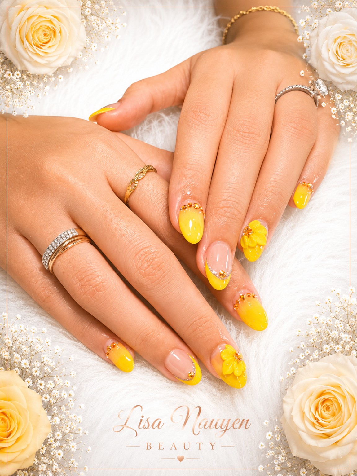 Yellow floral nail art on two hands framed by cream roses and Lisa Nguyen Beauty branding